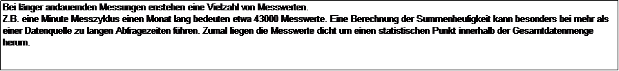 Textfeld: Bei l�nger andauernden Messungen enstehen eine Vielzahl von Messwerten. 
Z.B. eine Minute Messzyklus einen Monat lang bedeuten etwa 43000 Messwerte. Eine Berechnung der Summenheufigkeit kann besonders bei mehr als einer Datenquelle zu langen Abfragezeiten f�hren. Zumal liegen die Messwerte dicht um einen statistischen Punkt innerhalb der Gesamtdatenmenge herum.



